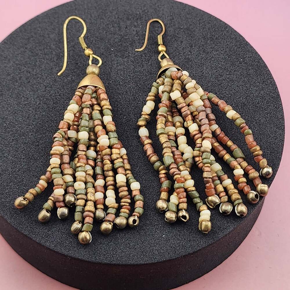 Vintage 90s Earth Tone Seed Bead Tassel Earrings Gold Tone Boho Long Fringe
